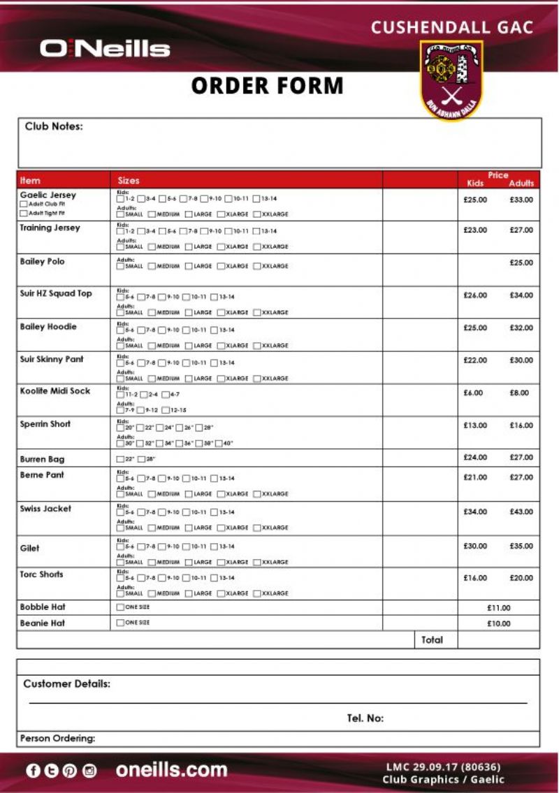 Order form sizes & Prices